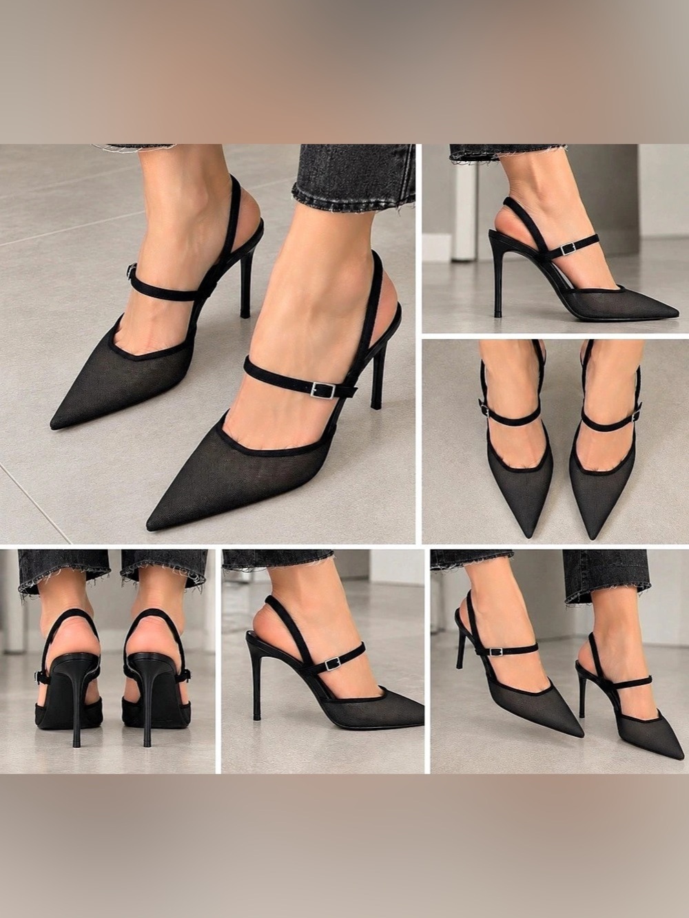 ZARA Black Mesh Pointed Toe Slingback Stiletto Heels Pumps. Size EU 38, US 7,5 .